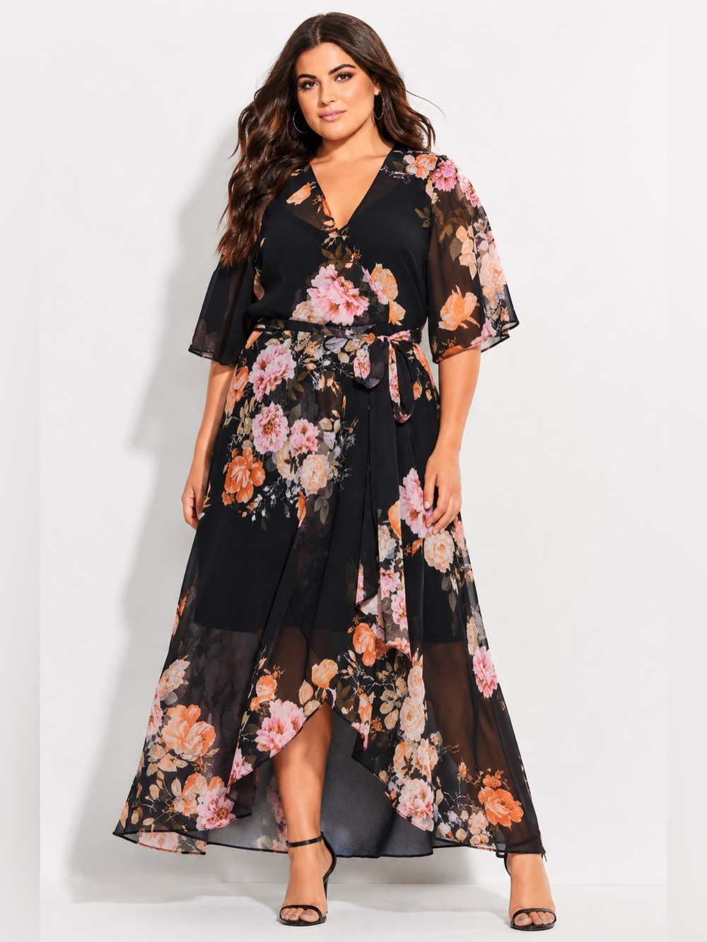 City Chic Black High-Low Floral Wrap Dress with Pink & Peach Blooms. Size 22
